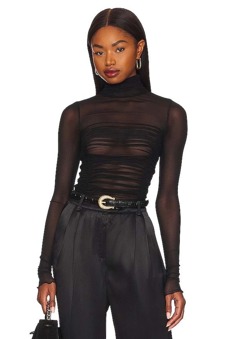 Intimately Free People Under It All Black Ruched Mesh Turtleneck Bodysuit